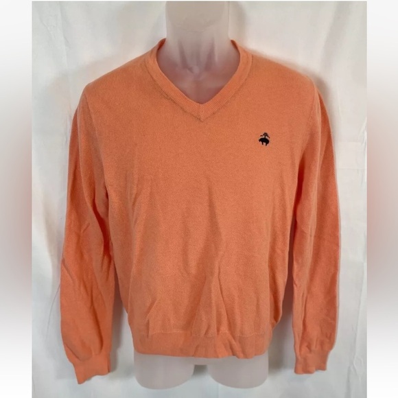 Brooks Brothers V Neck Sweater Men’s M Orange Salmon Linen Cotton Pullover Lite - Picture 1 of 16